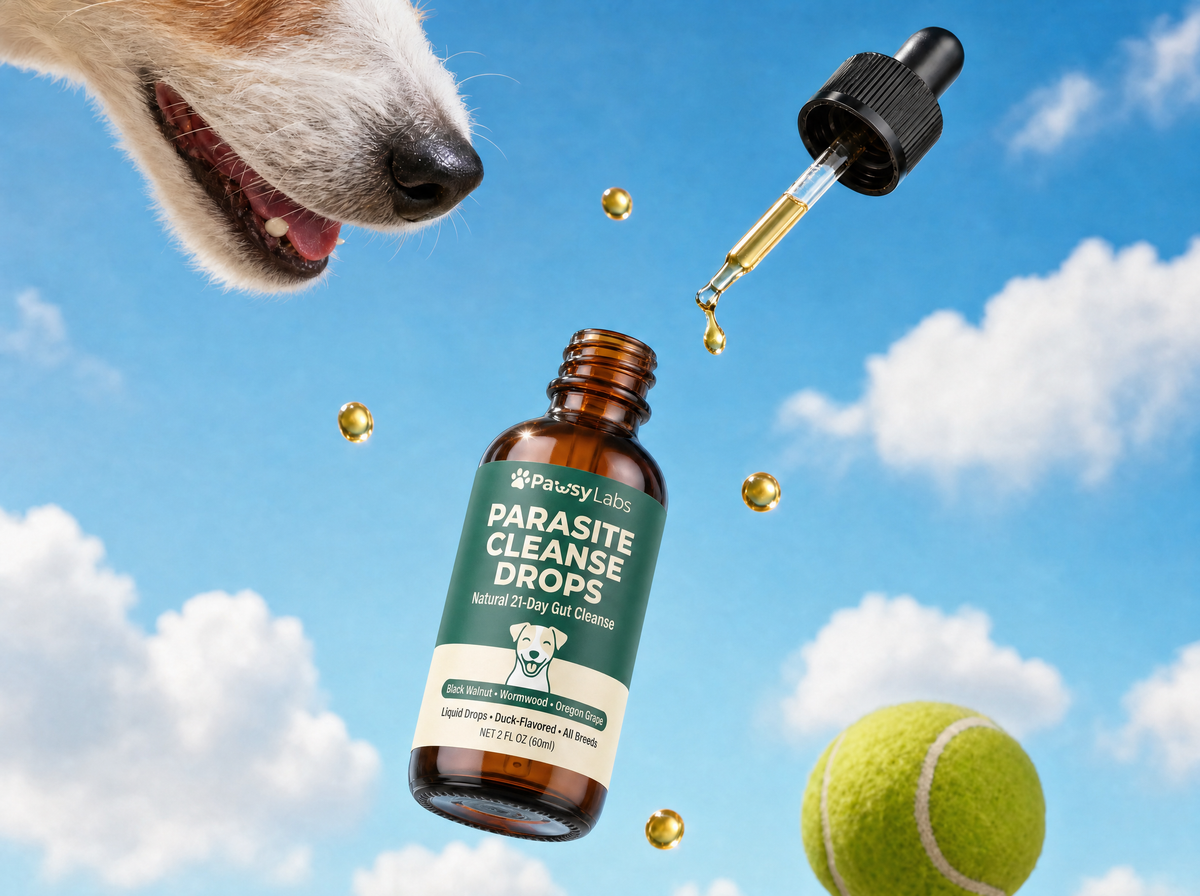 Pawsy Parasite Cleanse Drops with a happy dog